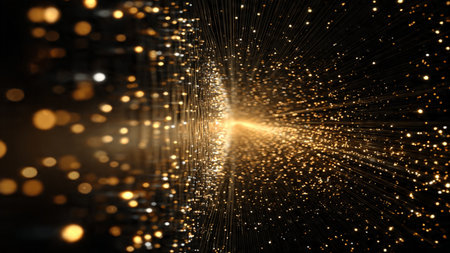 High contrast abstract gold energy on deep black surface.の写真素材