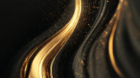 Black and gold abstract art with fluid metallic motion and soft glow.の写真素材