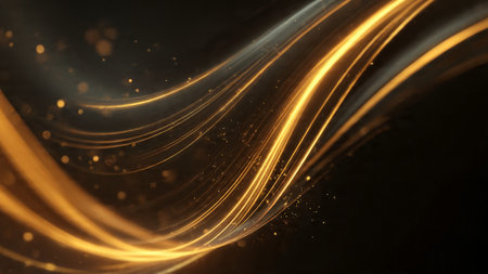 Cinematic black and gold scene with glossy metallic highlights.
