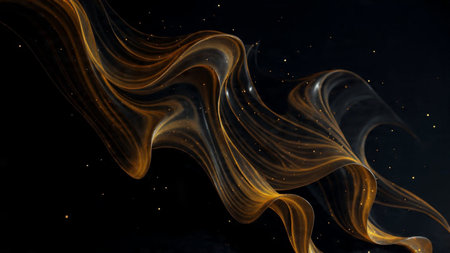 Polished metallic gold textures over deep black backdrop.の写真素材