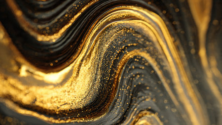 Smooth golden waves over dramatic black background.の写真素材