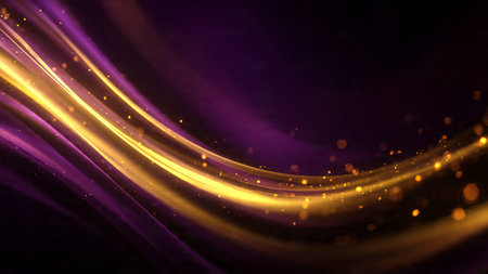 Deep navy and rose gold abstract luxury background with radiant metallic ribbons and luminous glow effects.の写真素材