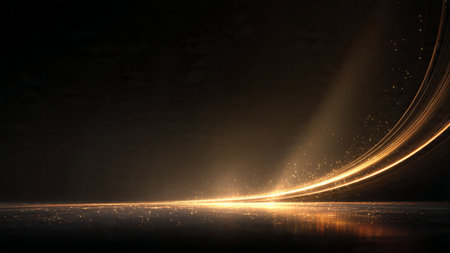 Deep navy abstract background glowing with rose gold light flares and reflective shine.