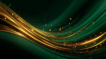 Platinum metallic waves across charcoal backdrop with subtle glow particles.の写真素材