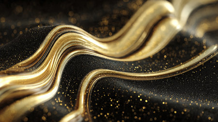 High-end emerald green background illuminated by shimmering golden waves and cinematic light depth.の写真素材