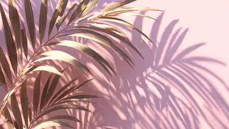 Tropical palm leaves shadow on pink wall background. Minimal summer concept.