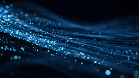 3d illustration of abstract blue fiber optic background with bokeh lights