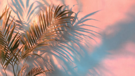 Tropical palm leaves on pastel pink and blue background.