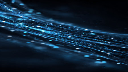 Abstract blue wave with glowing particles on dark background. 3d renderingの写真素材