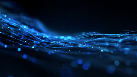 3d rendering of abstract blue particles wave with depth of field and bokeh effect
