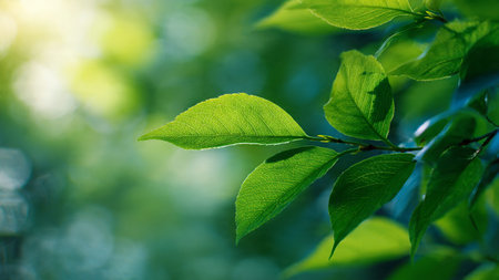 green leaves background in sunny day with bokeh and copy space