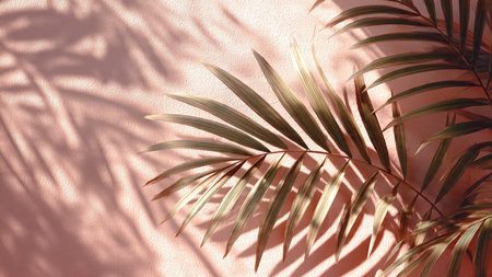 Palm leaves on a pink background with shadows. Summer concept.