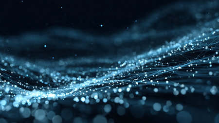 3D rendering of glowing particles in cyberspace with depth of field and bokeh. Futuristic HUD...