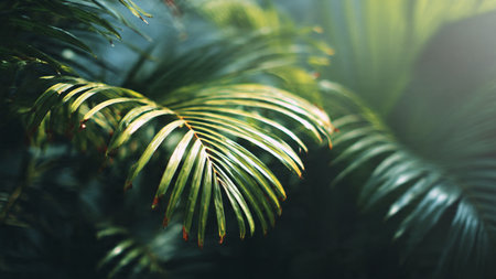 Tropical palm leaves in sunlight. Natural summer background. Selective focus.の写真素材