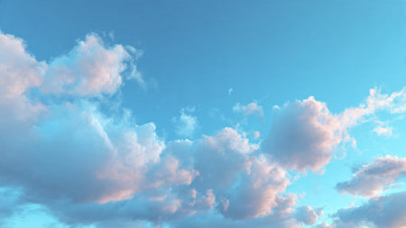 Blue sky background with tiny clouds. Cumulus clouds in the blue skyの写真素材