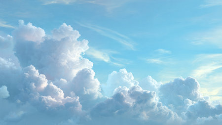 Blue sky background with tiny clouds. 3D illustration of clouds.