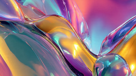Glossy liquid 3D shapes flowing with vibrant neon gradient reflections.