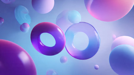 Transparent glass bubbles floating with gradient highlights.の写真素材