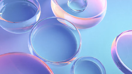 Abstract floating objects with purple and blue gradient lighting.