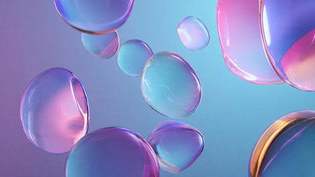 Floating geometric shapes in a soft futuristic environment.