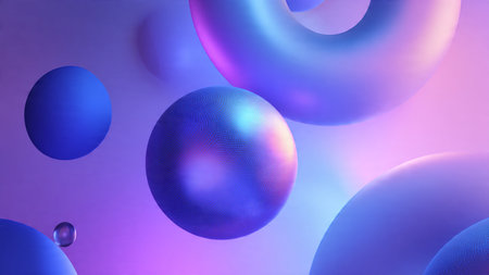 Floating geometric rings with glowing neon highlights.