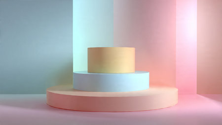 Floating geometric shapes with glowing futuristic light.の写真素材