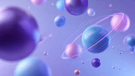 Neon glowing spheres floating in a colorful background.