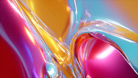 Glossy liquid 3D shapes flowing with vibrant neon gradient reflections.