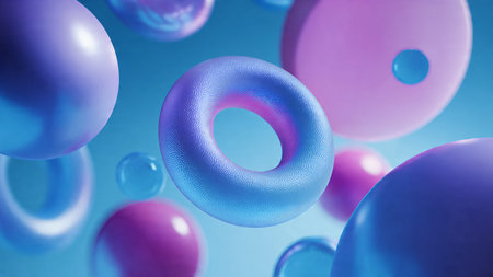 Abstract torus shapes glowing with neon gradient colors.