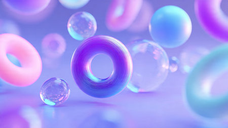Abstract floating objects with purple and blue gradient lighting.