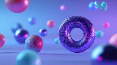 Modern geometric objects floating with soft shadows.