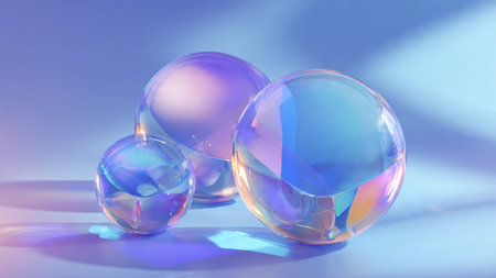 Floating spheres and rings creating abstract geometry.
