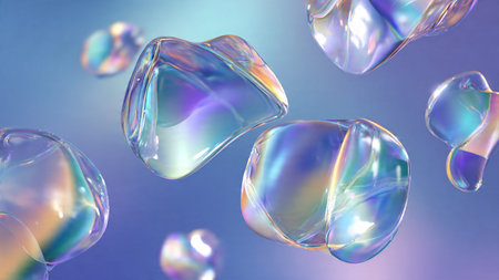 Abstract floating objects with purple and blue gradient lighting.
