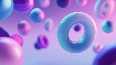 Floating geometric shapes in a soft futuristic environment.