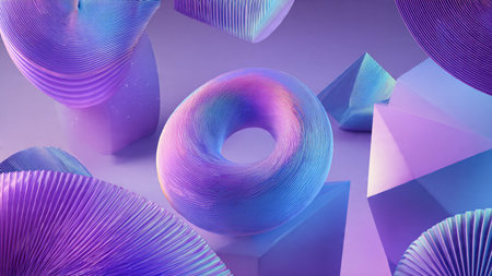 Elegant transparent geometric objects floating in a digital abstract environment.