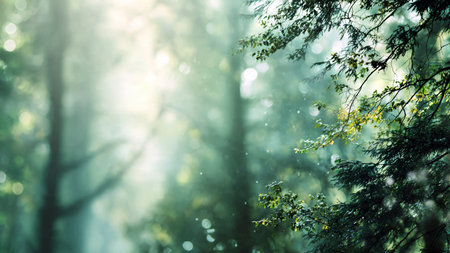 forest with sunbeams in misty morning. soft focus.