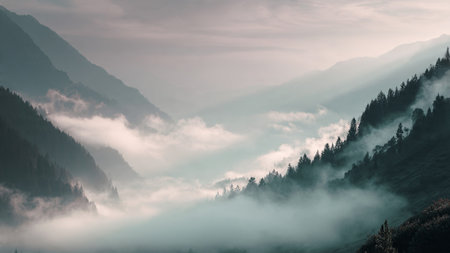 Foggy morning in the mountains. Landscape with fog in the mountains.
