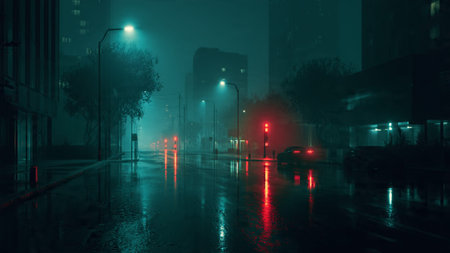 Heavy rain on the street in the city at night. Rainy weather.