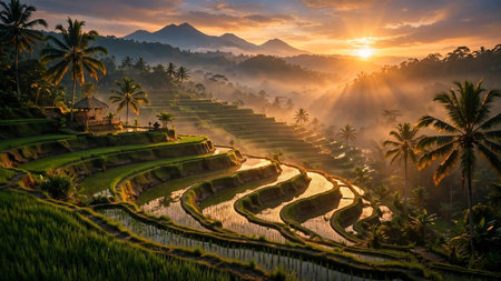 Terraced rice fields in Bali at sunset, Indonesia.