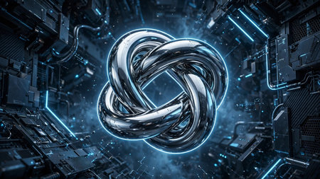 3D rendering of abstract torus knot on dark background. Technology concept