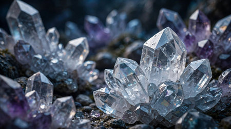 Amethyst crystals on the black stone background. Macro shot with shallow depth of field