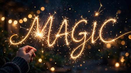 Hand holding a sparkler with the word magic on a dark background