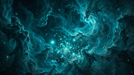 Abstract space background with blue nebula and stars. Fantasy fractal design. Digital art. 3D rendering.