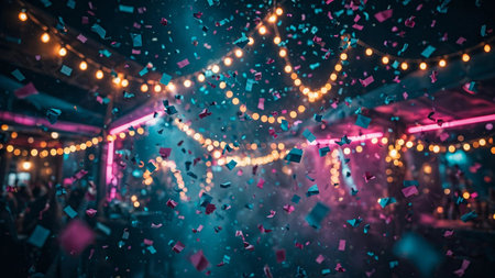 Abstract background of confetti flying in the night club. Bokeh effect