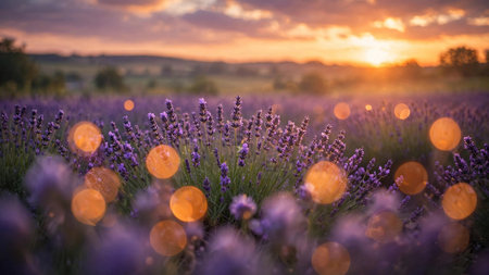 Sunset over a lavender field in Provence, France