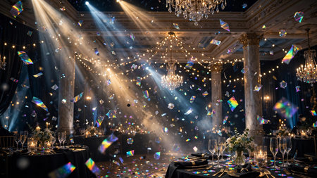 Luxury wedding reception in a luxury restaurant decorated with confetti