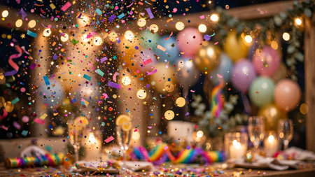 Festive table with confetti and candles on blurred background, closeup