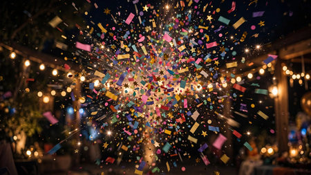 Celebration party with confetti and tinsel at night.