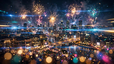 New Year's Eve celebration in Shanghai, China. Panoramic view of the city with fireworks.