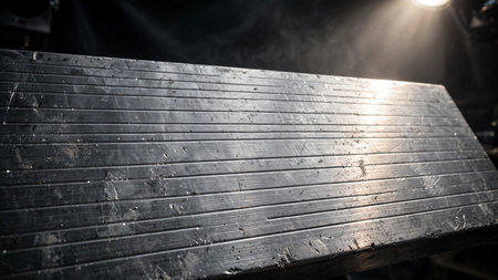 Close up of a metal table with light shining on it